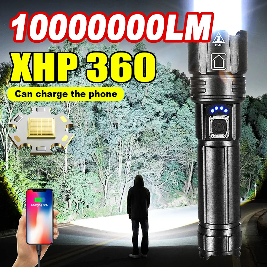 10000000LM High Power Led Flashlight XHP360 Rechargeable Zoomable Torch Waterproof Outdoor Work Light Camping Fishing Lantern