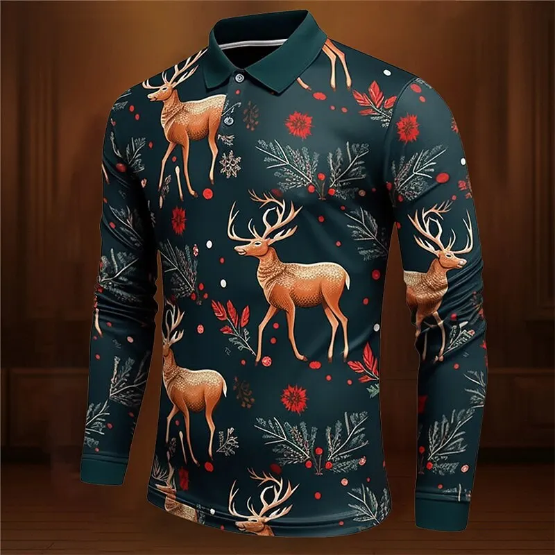 

Christmas Day Long Sleeve Polo Shirts For Men 3D Print Elk Graphic Loose Button Lapel Pullover Fashion Casual Autumn Winter Tops