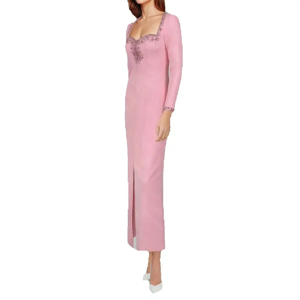 

Customized Classic Evening Dress Pink Ankle Length Prom Gowns Long Sleeves Wedding Guest Dresses Front Slit Beaded