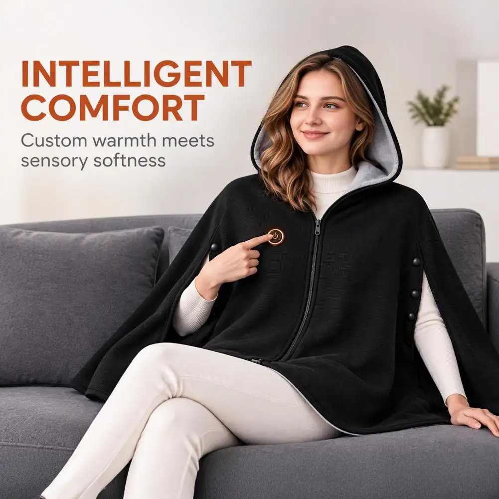 USB Heated Shawl Blanket with Hood, 3-Level Adjustable Warm Poncho, Wearable Zipper Front Fleece Wrap for Women Home Office Use