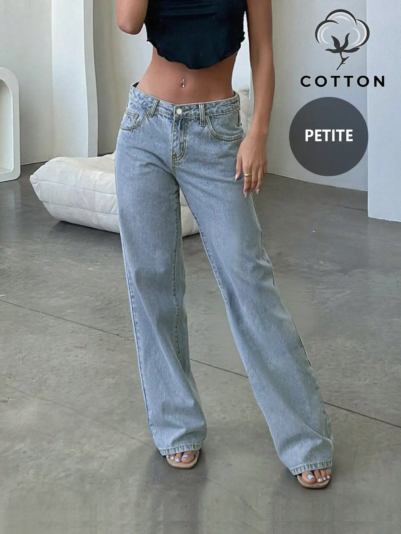 

Женские джинсы с высокой талией и широкими штанинами, из хлопкового денима, повседневный стиль для невысоких.