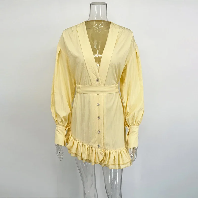 Fashion Ruffled Shirt Dress Women's Deep V Neck Loose Lantern Sleeve Mini Dress Irregular Loose Summer Vacation Outfits