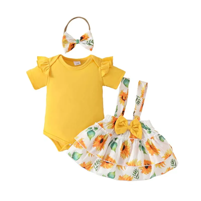 

Baby Girl Clothes 0-18Months 3-piece Set Summer Short Sleeve Solid Color Bodysuit Sunflower Print Halter Skirts Hairband Outfits