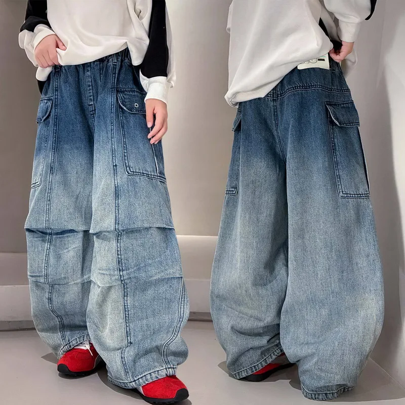 New Arrival Boys Heavy Work Baggy Cargo Jeans for Teens Kids Loose Fit Pocket Hip Hop Denim Pants Child Fashion Wide Leg Trouser