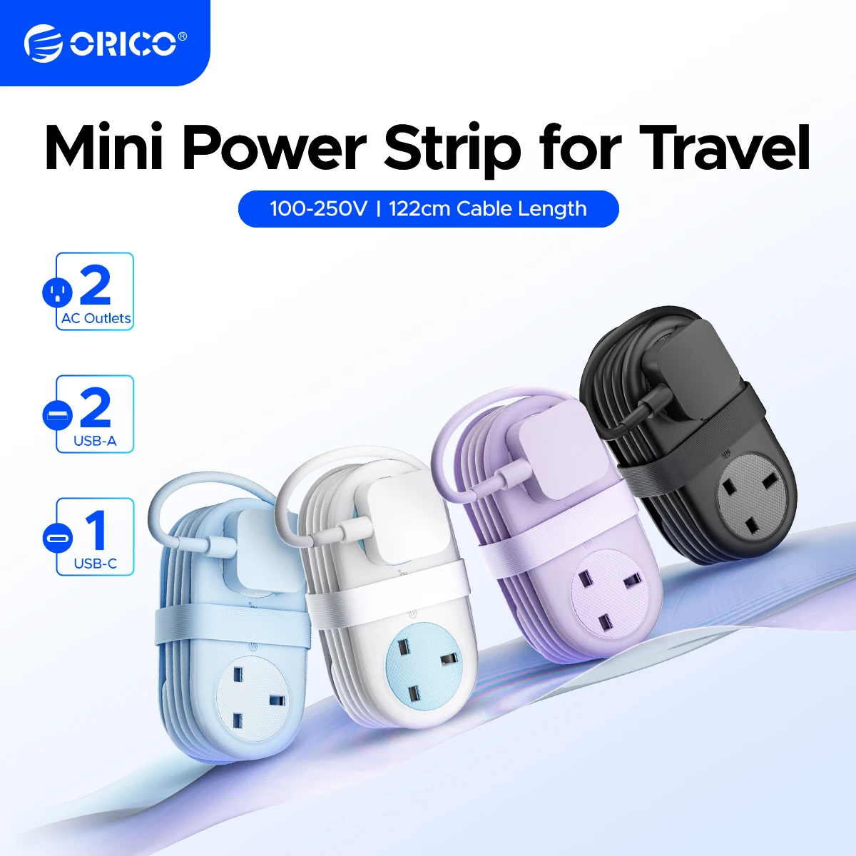 

ORICO Portable UK Plug Electrical Power Strip with 1.2M Extension Cord 2 AC 2 USB and 1Type-C Fast Charging Travel Adapter