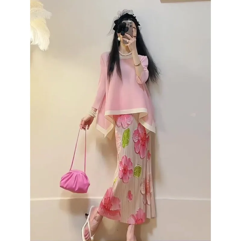 Women's Suit French Fashion Spring Summer Mini Fragrance Premium Sense Prints Irregular Pink Half-body Dress Two-piece Suit