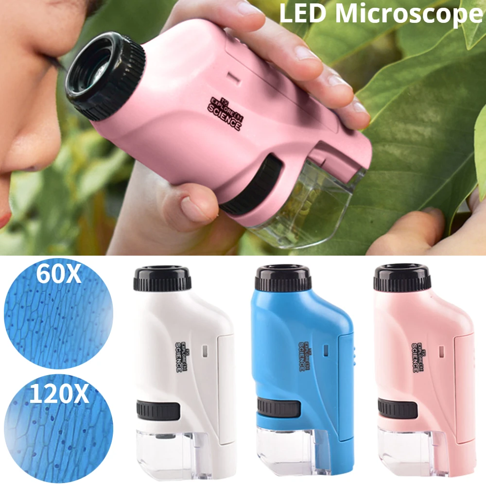 Mini Pocket Microscope Kit with LED Light 60X-120X Magnifying Glasses Handheld Microscope for Children Science Educational Toy