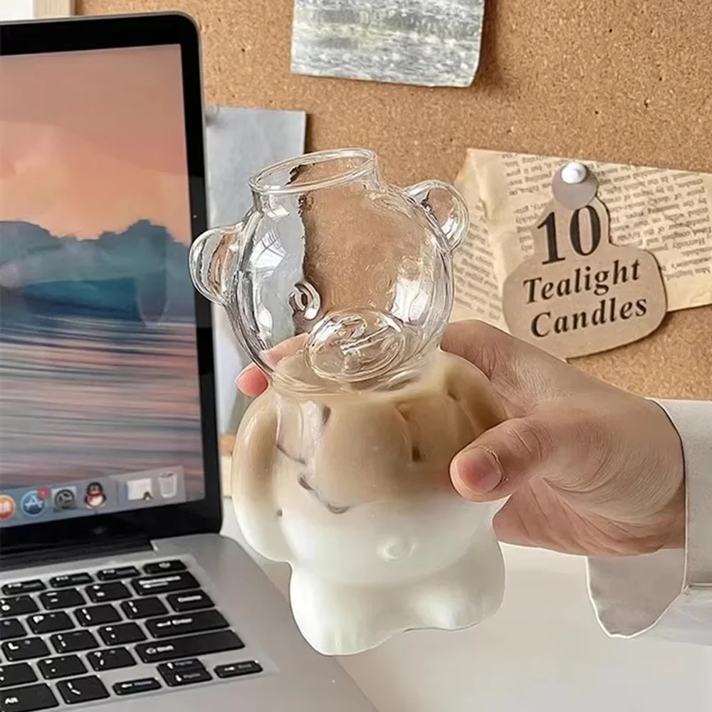 كوب قهوة على شكل دب كرتوني كوب زجاجي لطيف على شكل دب مع شفاطة أكواب مياه قهوة حليب إبداعية شفافة