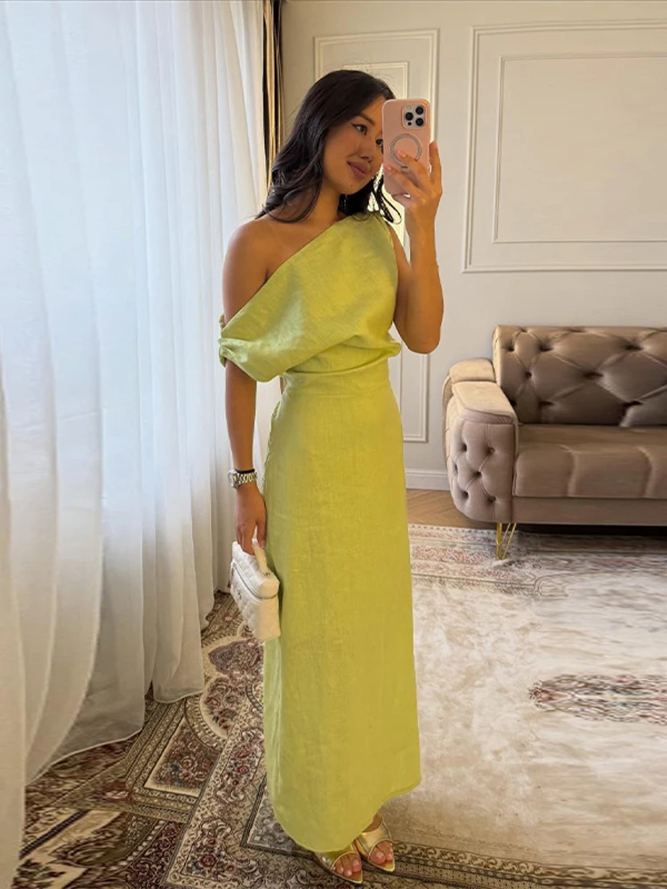 Vestidos Maxi de Lino con Hombros Descubiertos para Mujer, Vestido Largo hasta el Tobillo con Cintura Ajustada y Cadera Envolvente, Novedad 2026, Ropa de Verano Sólida para Dama