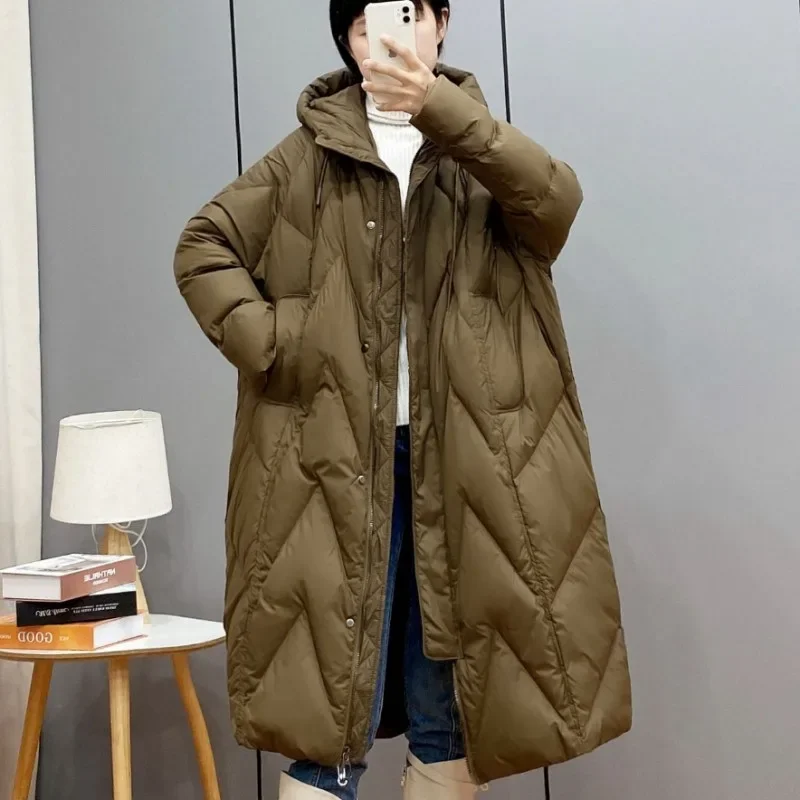 2023 off season new European down jacket women's medium length Korean version knee size loose hooded thickened winter coat