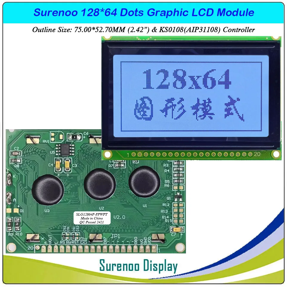 Surenoo 2.42" 75.0X52.7MM 12864 128*64 Graphic Matrix LCD Module Display Screen LCM build-in KS0108 Controller 4 Colors