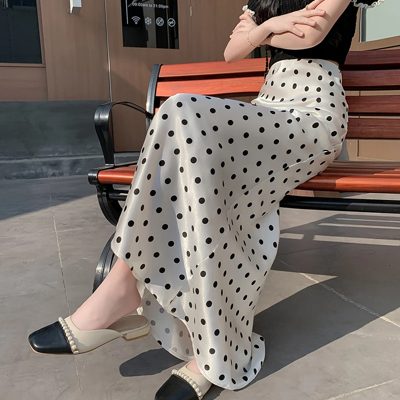 

FINEWORDS Vintage Dot Printed Satin Fishtail Skirt Summer Elegant Harajuku Long Midi Skirt Streetwear Korean High Waist Skirt