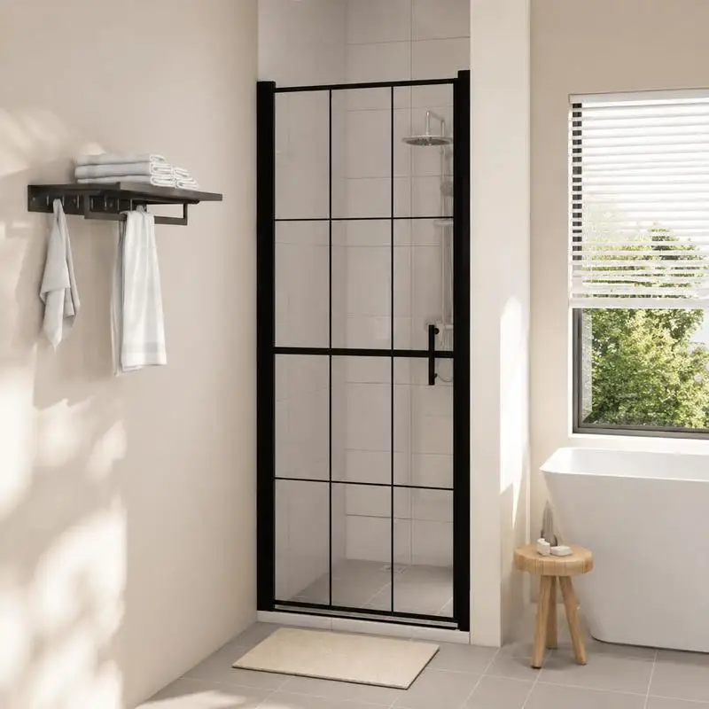 Porte de douche en verre trempé finition noire, paroi de douche accessible pour séparation des zones humides et sèches, cloison de cabine de douche domestique, style minimaliste moderne, dimensions 81 x 195 cm