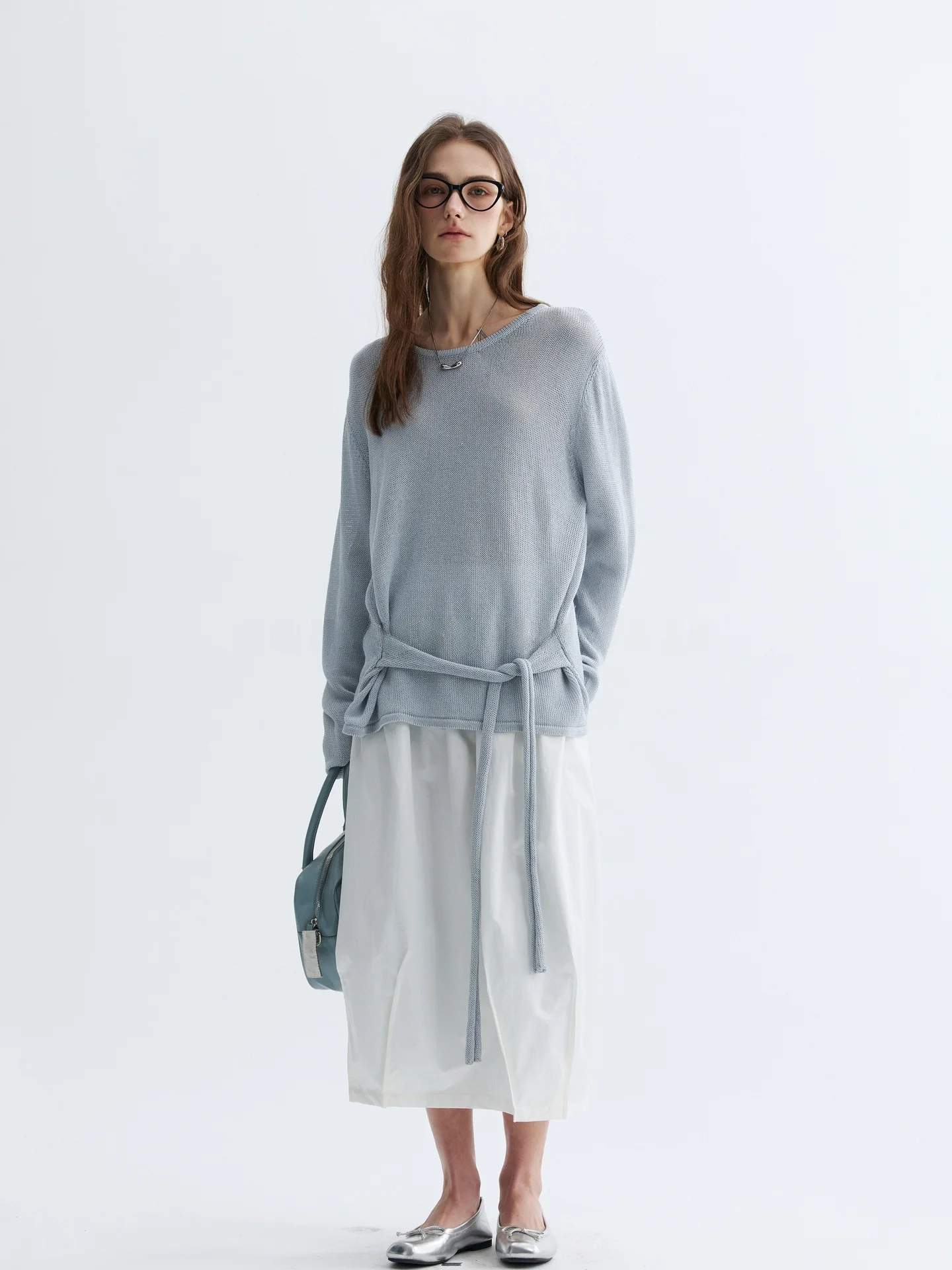 

Женская солнцезащитная футболка VAJE Blue Micro-Me Knitwear, весна 2026, свободный крой, длинный рукав, круглый вырез, топ