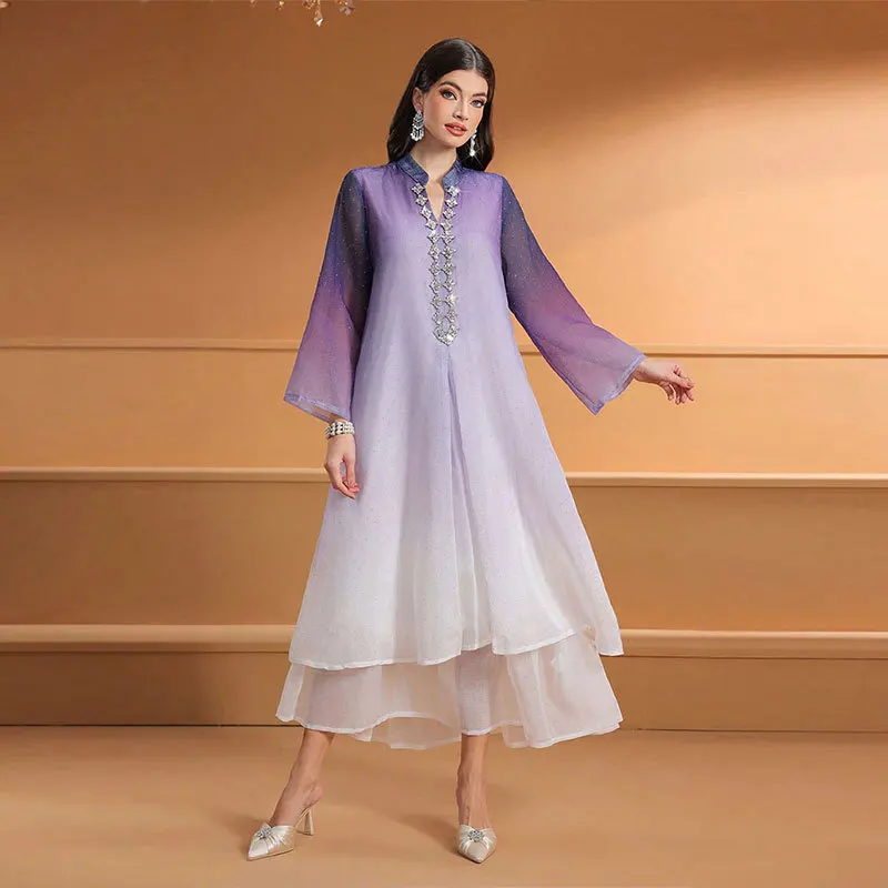 

Ky1875 Women's Elegant Beaded V-neck Gradient Loose Dress Fashion Party Evening Dress Abaya Ramadan Dubai Luxury Islam Elegant
