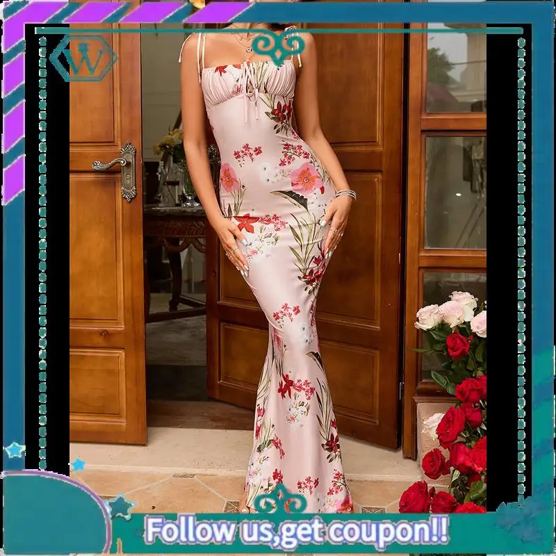 A09P Women's Summer Floral Bodycon Maxi Dress Spaghetti Strap Sleeveless Bohemian Maxi Dress