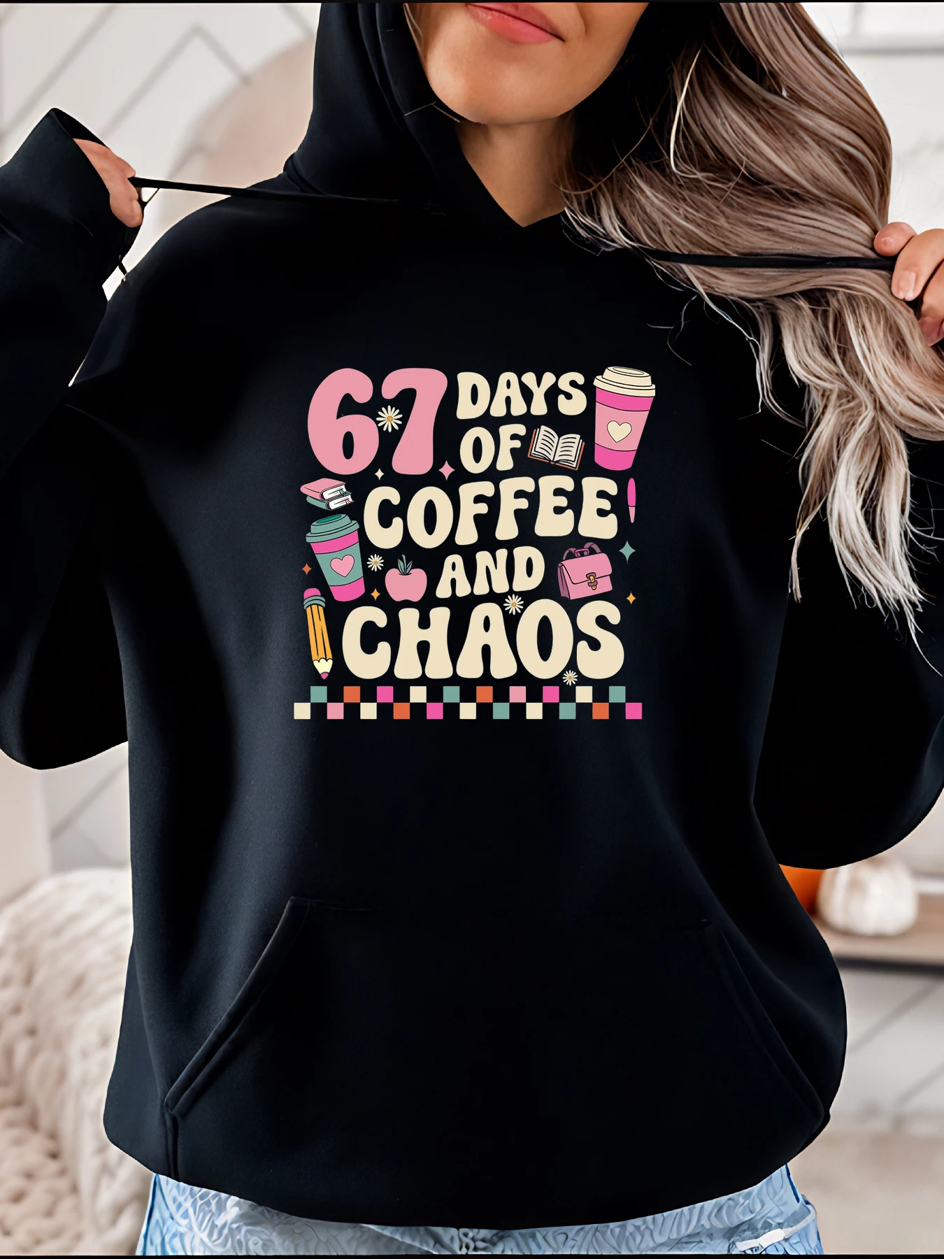 

Coffee and Chaos Print Hoodie Casual Style with Cup Book Pencil Apple Bag Pattern for Women Daily Wear