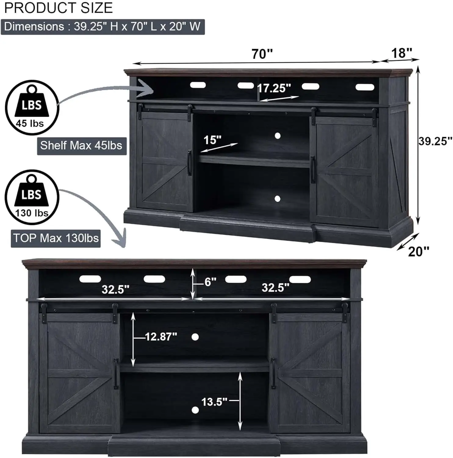 Tall Entertainment Center w/Storage Cabinets and Sliding Barn Door, Media Console Cabinet w/Soundbar