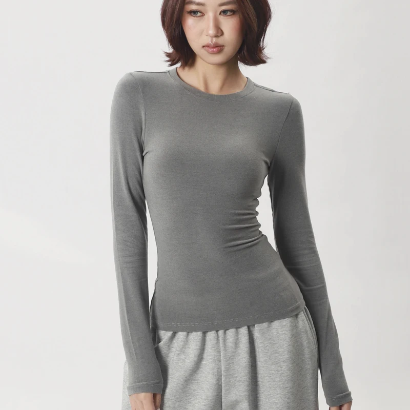 Camiseta de uso diario de manga larga con cuello redondo para mujer
