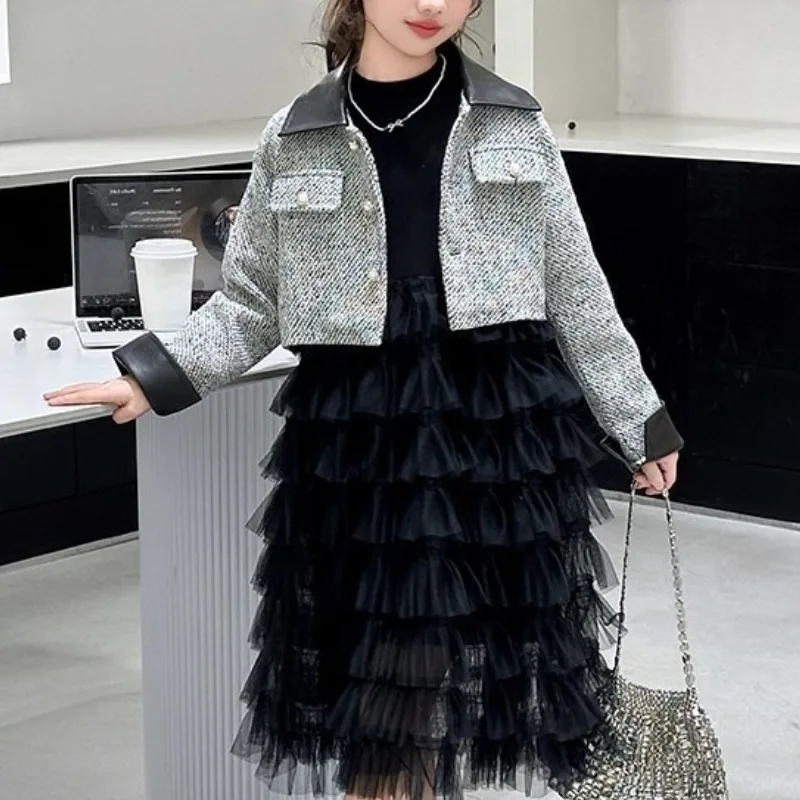 

Children's Outfit Small Fragrant Style Short Leather Collar Jacket Long Sleeved Cake Skirt, 2025 Autumn and Winter New Style