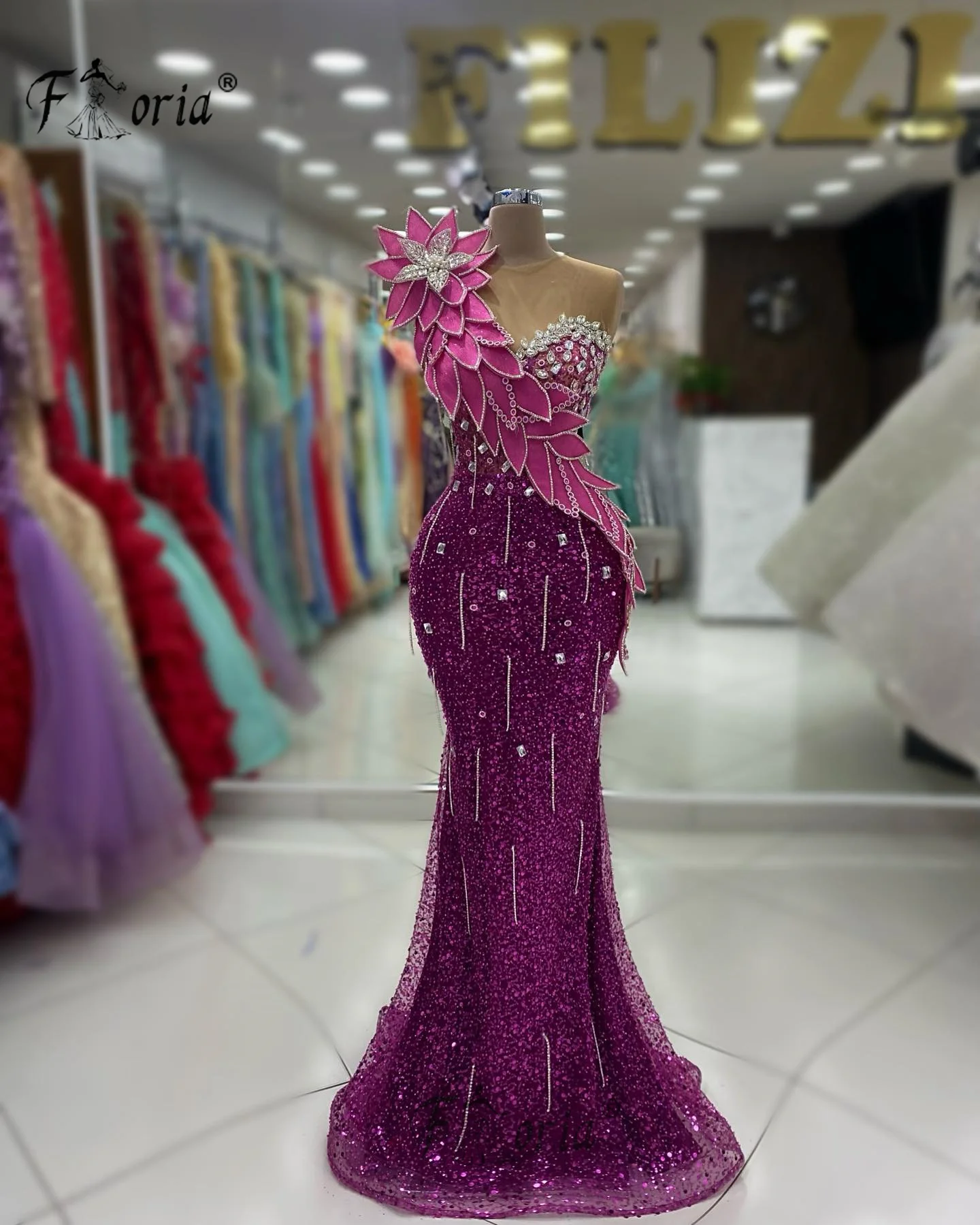 Chic Fushia Pink 3D Leaf Tassel Party Dress Crystal Stone Mermaid Formal Evening Dresses vestidos de fiesta elegantes Prom Gowns