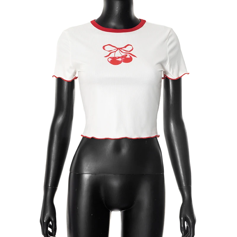Women's t-shirt summer 2025 trend new crop top girls Cropped cuteore cherry Printed graphic casual tops tight Short sleeve tee