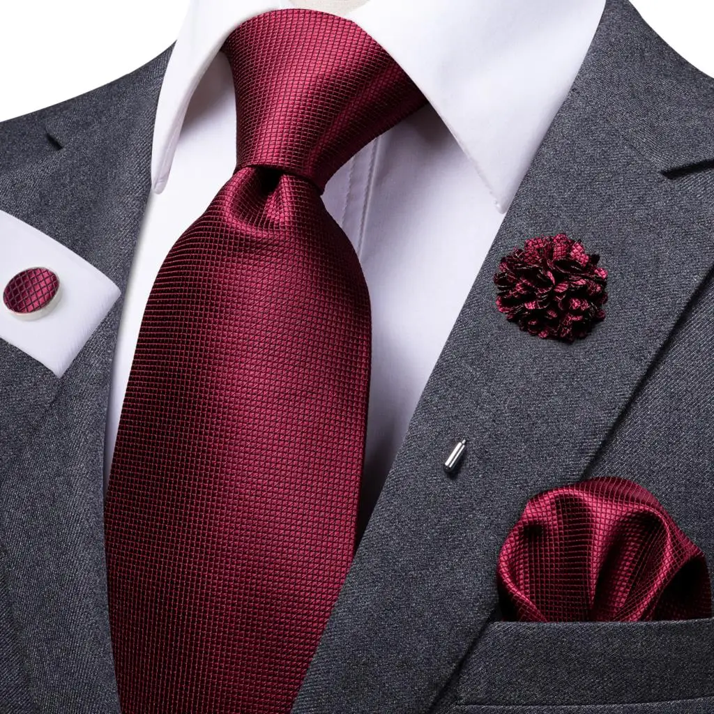 Burgundy Solid Mens Necktie Luxury 8.5cm Wide Silk Wedding Tie Pocket Square Cufflink Set Brooch Gift For Men Hi-Tie Designer