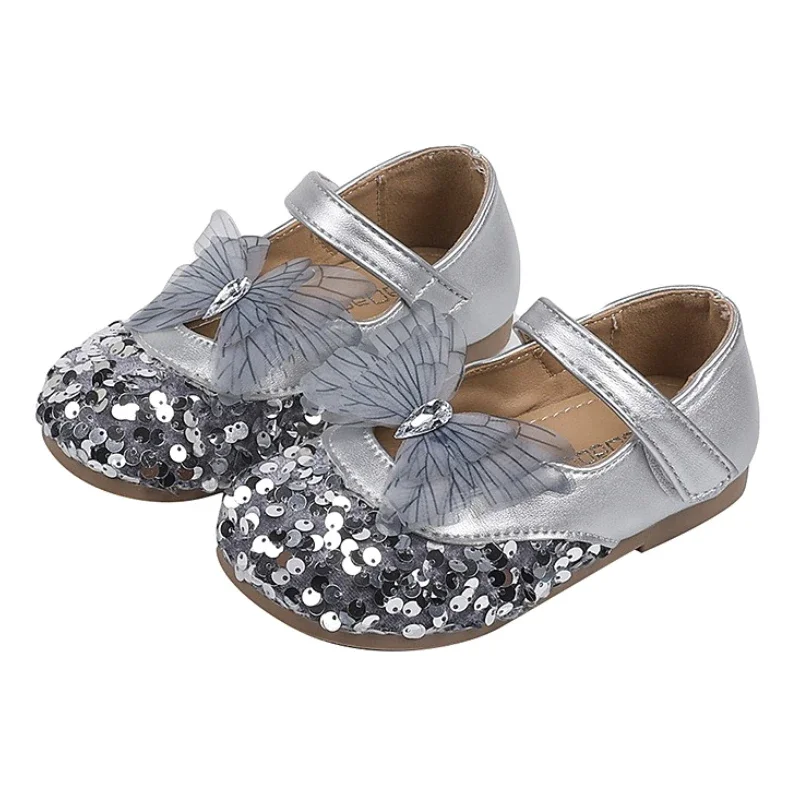 スイートボウ-ガールズ-プリンセスシューズ-2025年秋-子供用レザーシューズ-新ファッション-スパンコール-ソフトソール-フラットシューズ-ベビー-キッズ