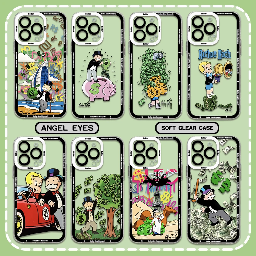 Trend Cartoon Dollar Alec Monopoly Phone Case For iPhone 15 14 13 12 11 Mini Pro Max X XR XSMax 6S 6 7 8 Plus SE20 Clear Cover