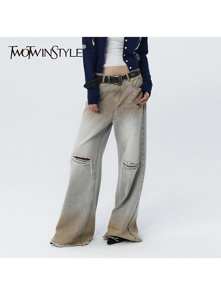 

TWOTWINSTYLE Spliced Button Loose Casual Demin Pant For Women High Waist Minimalist Hole Straight Pants Female Fashion Style New