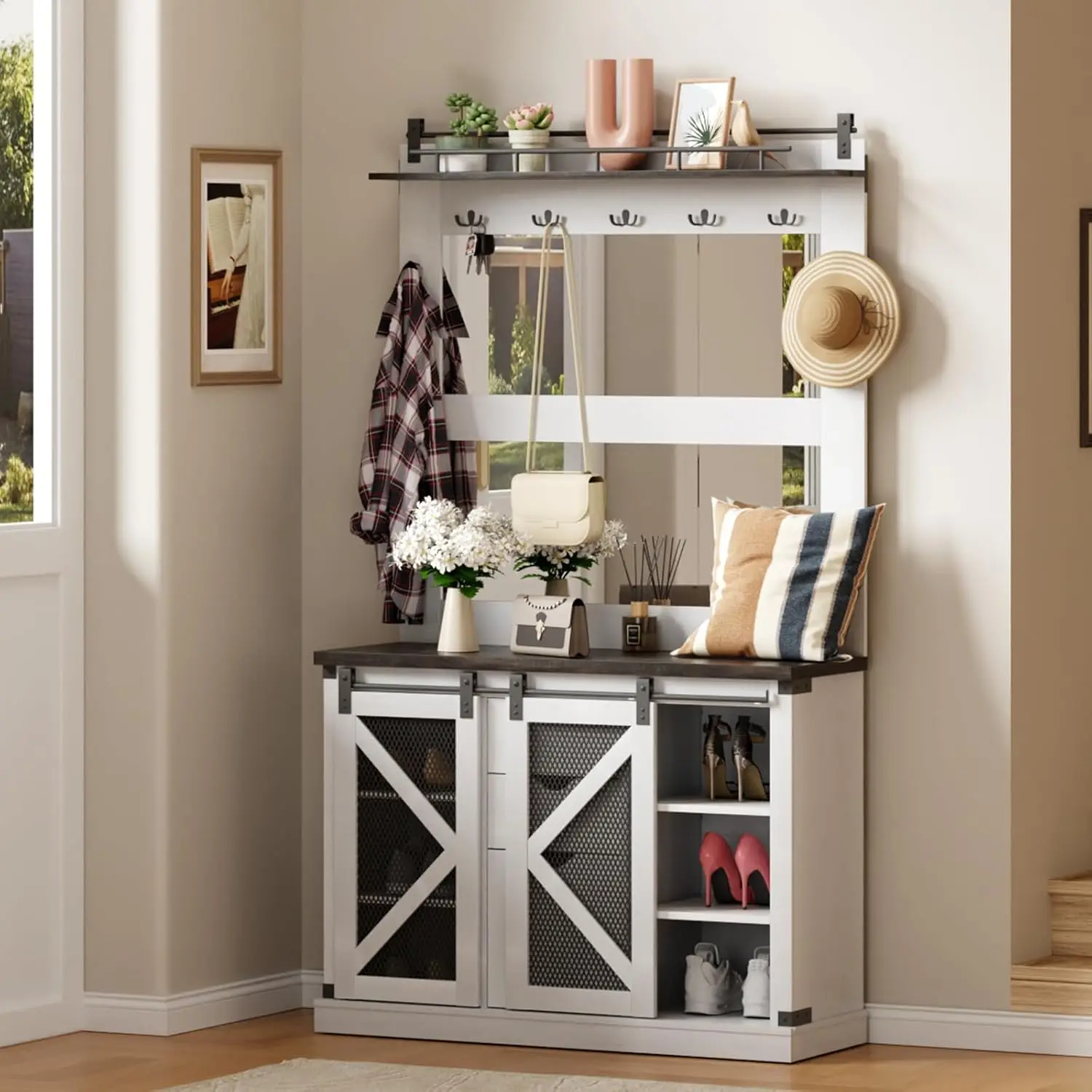 

Coat Rack, Coat Rack with Shoe Storage Cubbies Drawer, Entryway Furniture W/Mirror, Coat Hook Barn Door Mudroom Storage Cabinet