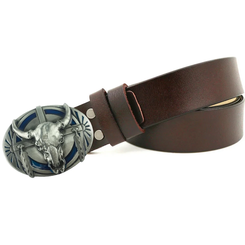 

New Luxury Brand Design Genuine Leather Belts for Men with Oval Cowboys OX Head Painting Process Expert Recommendation