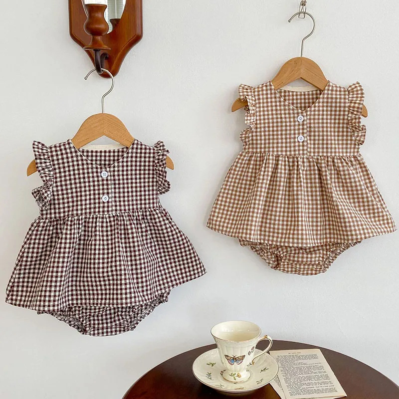 2025 New Summer Korean Style Toddler Baby Girl Clothes Suit Sleeveless Cotton Lattice Vest+PP Shorts 0-3Yrs Children Clothes Set