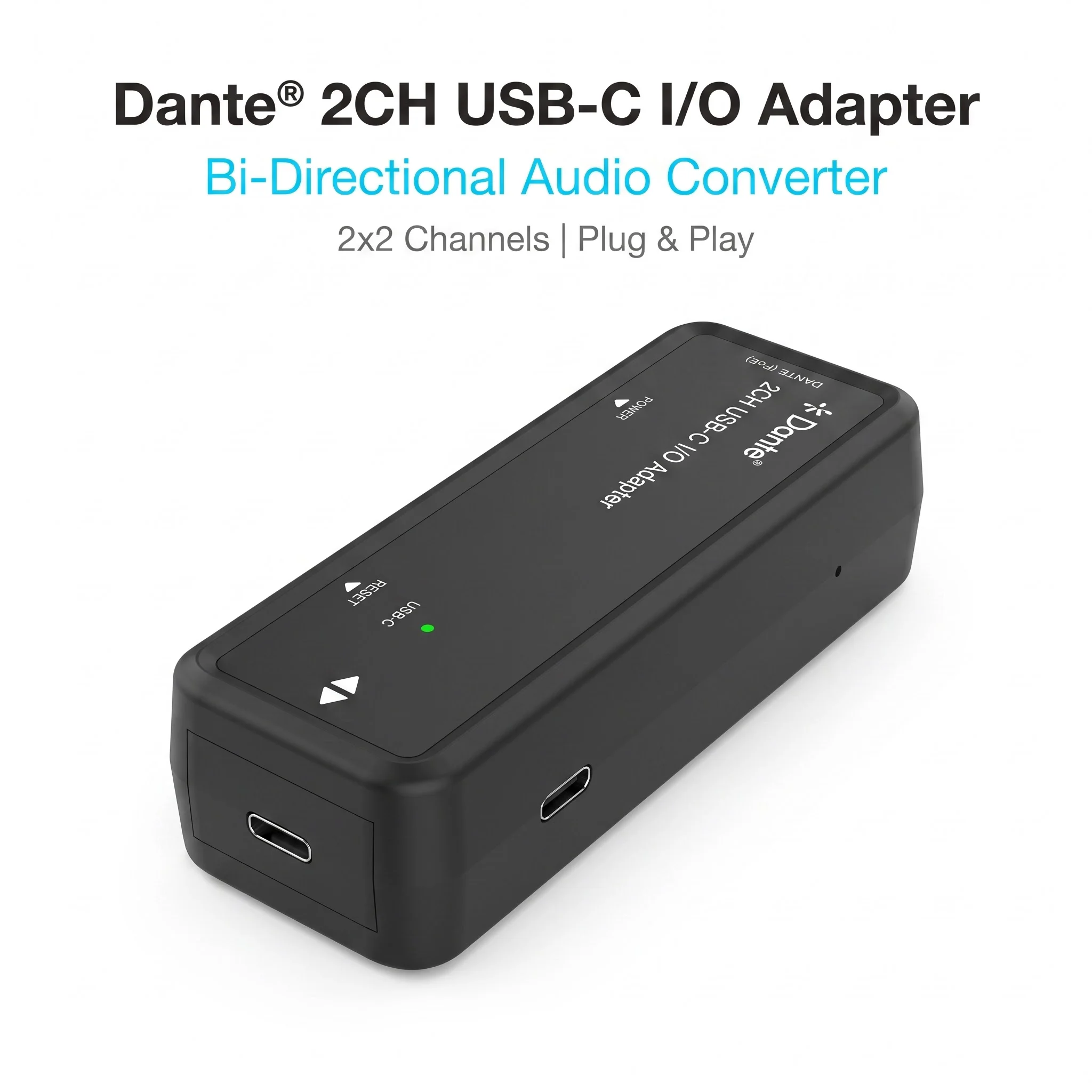 2Ch Dante USB‑C Bi‑Directional Adapter AES67 RTP 24‑Bit 44.1‑96kHz PoE IEEE802.3af USB‑C Powered Plastic Enclosure