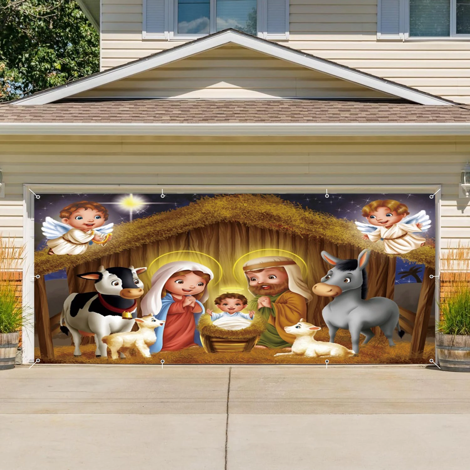 Christian Nativity Garage Wall Background Horse Manger Angel Jesus Birth Garage Door Frame For Outdoor Home Courtyard Decoration