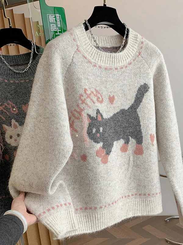 

Женский зимний вязаный свитер круглый Ne Soft Mouton Fce с узором, повседневный свободный крой, длинный трикотаж све