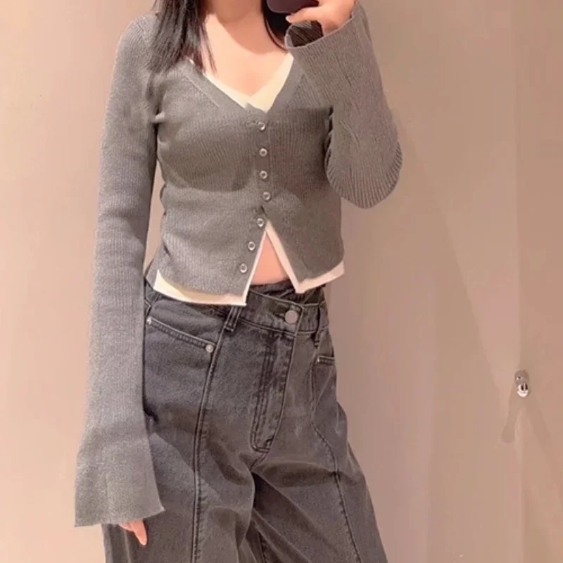 Chic Fake Two Piece V-neck Camisole Cardigan Japan Style Elegant Long Sleeve Short Sweaters Casual All-match Office Leady Jumper