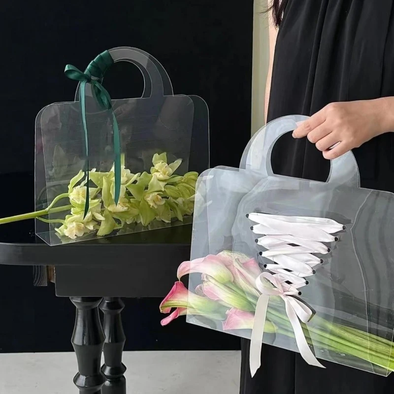 Transparent PET Tote Bag Chinese Valentine\'s Day Bouquet Transparent With Hand Gift Bag Simple Flowers Holiday Party Gift Bag