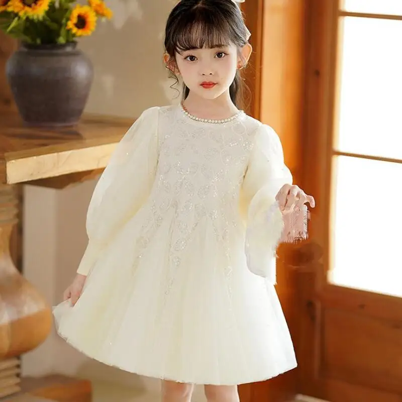 

Girls Princess Dress Winter New Style Fashion Lace Kawaii Puff Sleeve Round Neck Thickened Tutu Skirt Birthday Holiday Gift Hot