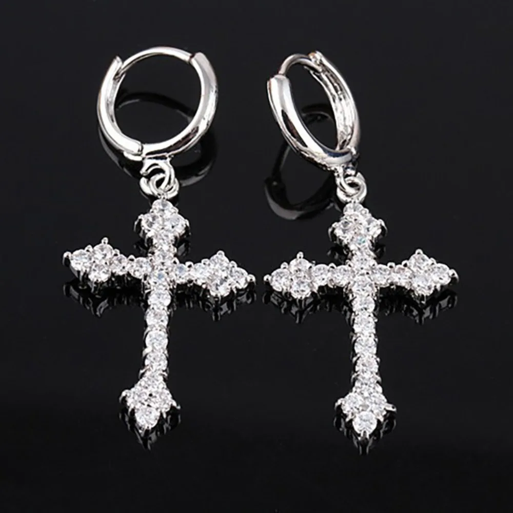 Hip-hop Punk 925 Sterling Silver Fully Inlaid Zircon Cross Pendant Hoop Earrings for Women Fashion Dangle Earrings Jewelry Gifts