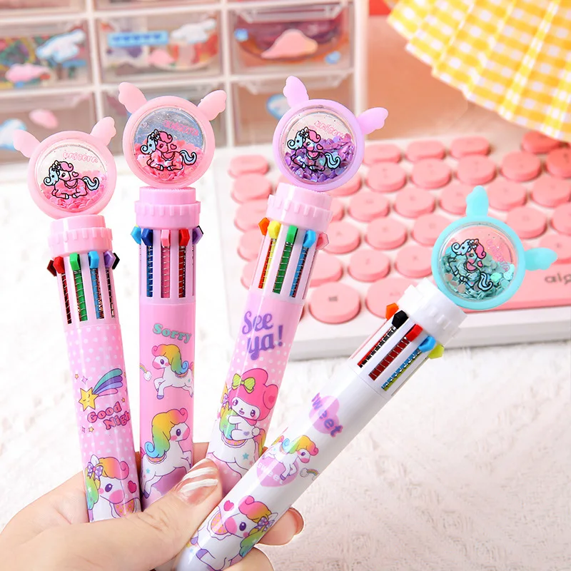 

10Pcs/Lot Kawaii Unicorn Sequin 10 Colors Ballpoint Pen Cute Cartoon Multicolor Writing Pens School Office Supplies Stationery