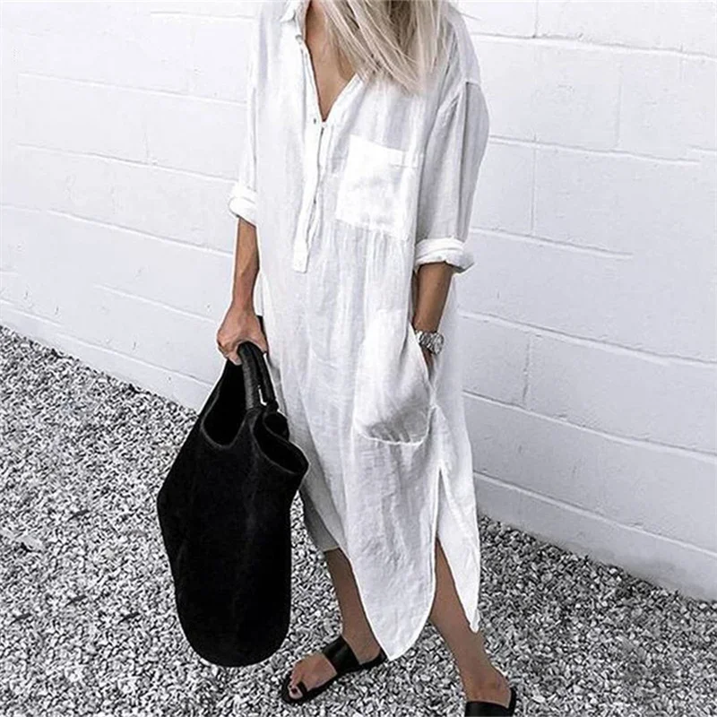 Frauen elegante Baumwolle Leinen einfarbige Kleider Sommer bequeme weibliche lässige Pendler Kleid Multi-Pocket Split Saum lose Kleid – Detail 2
