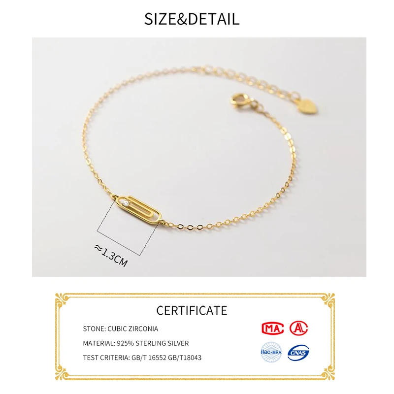 INZATT Real 925 Sterling Silver Zircon Paper Clip Chain Bracelet For Women Classic Minimalist Fine Jewelry Geometric Bijoux