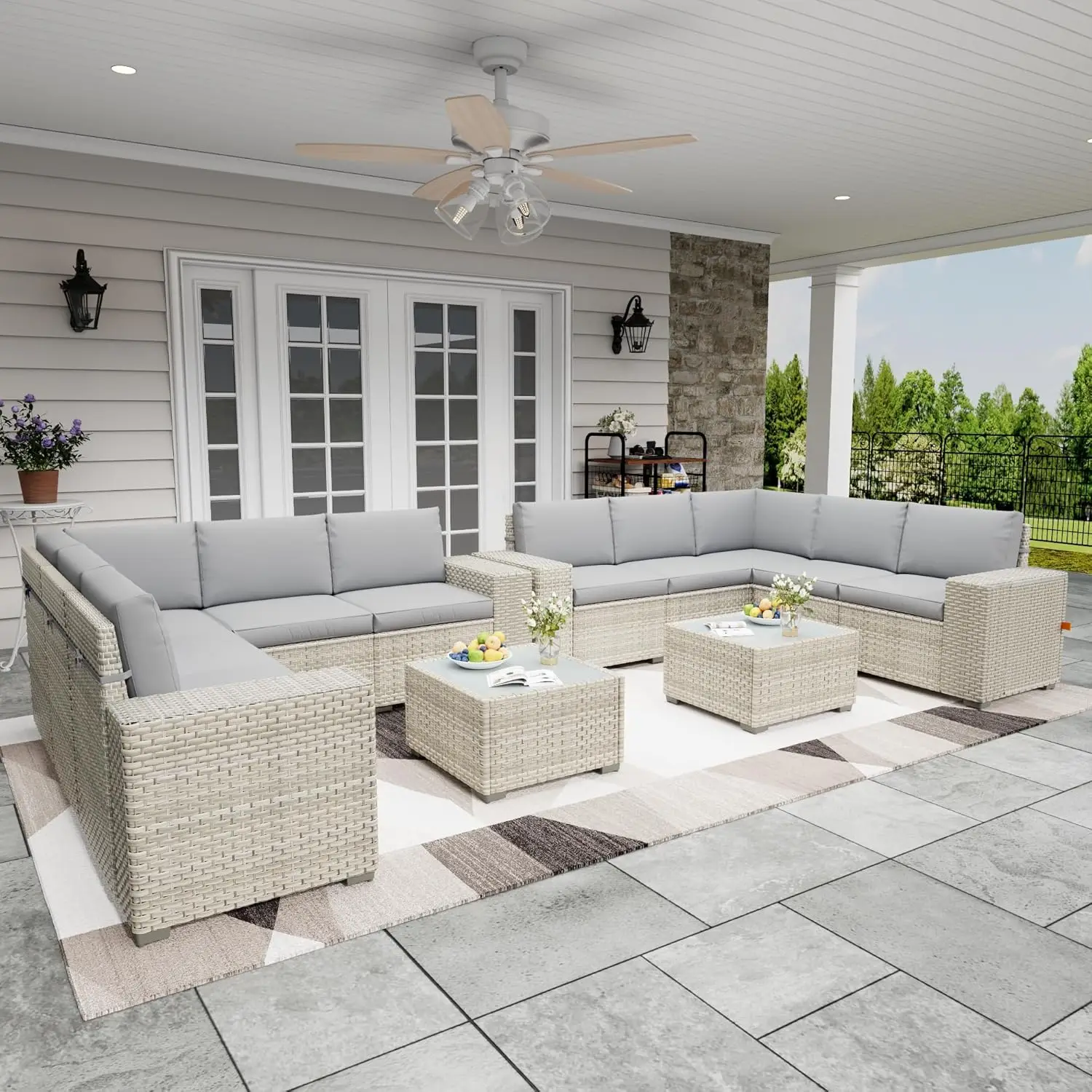 

Комплект садовой мебели из 12 предметов, секционный диван с подлокотниками шириной 9,8 дюйма и отсеками для хранения, всепогодный ротанг для улицы, на заказ