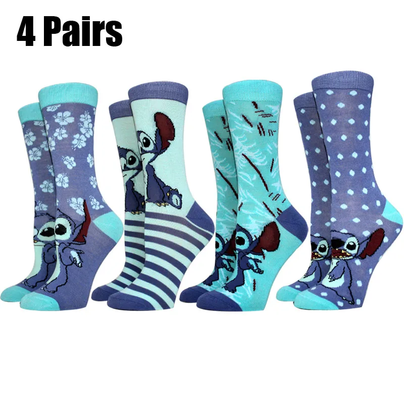 

4 Pairs New Anime Women socks Cartoon Long socks Stitch Socks Super cute girl socks happy funny socks for Men size 36-42