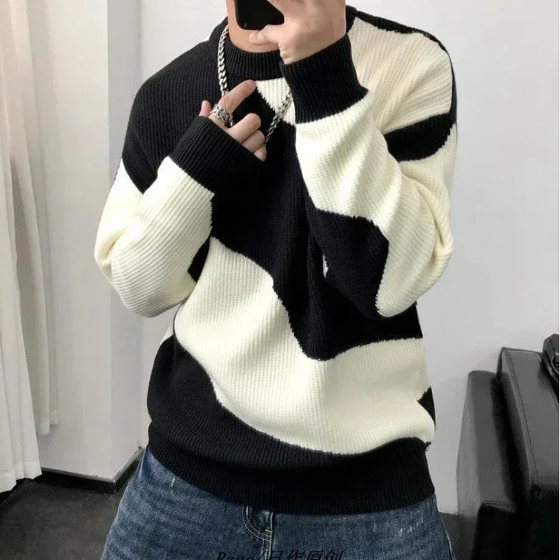 

Knitted Sweaters for Men Black Spliced Pullovers Man Clothes No Hoodie Crewneck Round Collar A Over Fit Knit Spring Autumn Warm