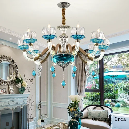 

European Luxury Blue Crystal Chandelier Living Room Dining Room Bedroom Mediterranean Zinc Alloy Glass Chandelier