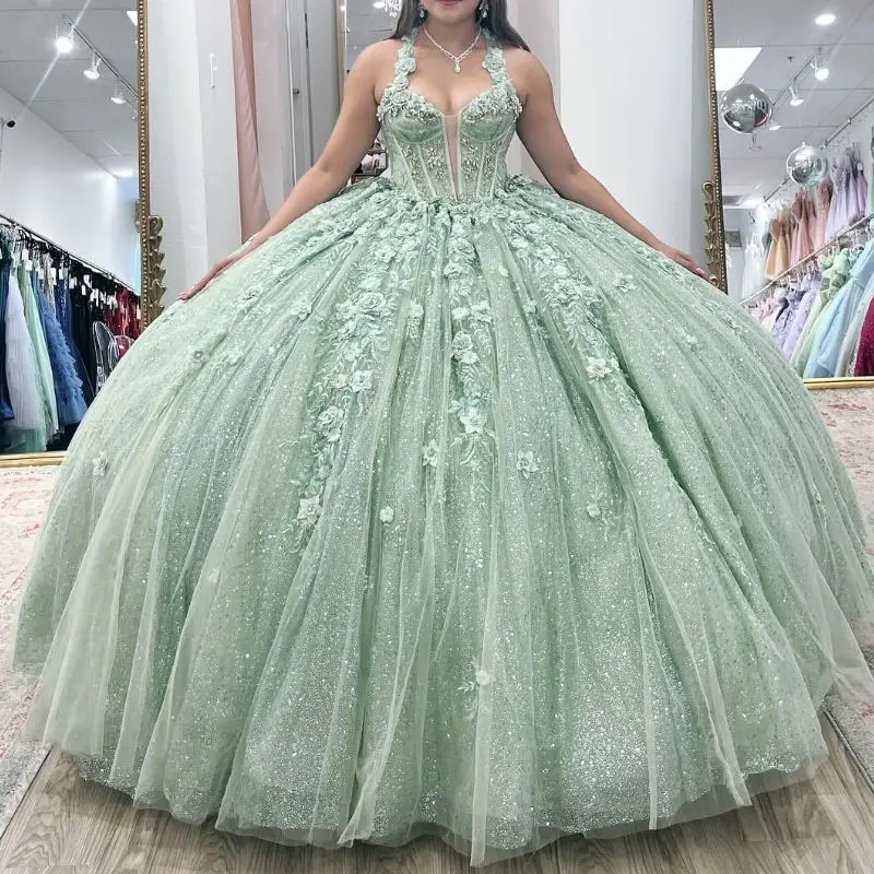 

EVLAST Princess Mint Green Quinceanera Dress Ball Gown Floral Lace Applique Beaded Corset Sweet 16 Vestido De 15 Anos QD1038