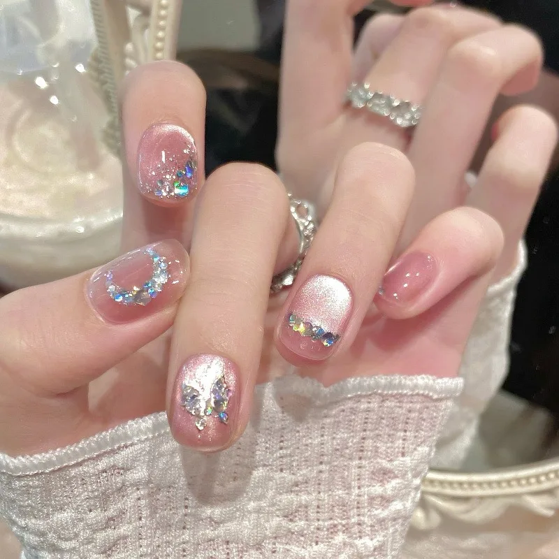 

10Pcs Glitter Pink Cat Eyes Press on Nails with Butterfly Designs False Nail Short Round Diamond Fake Nails Wearable Full Cover