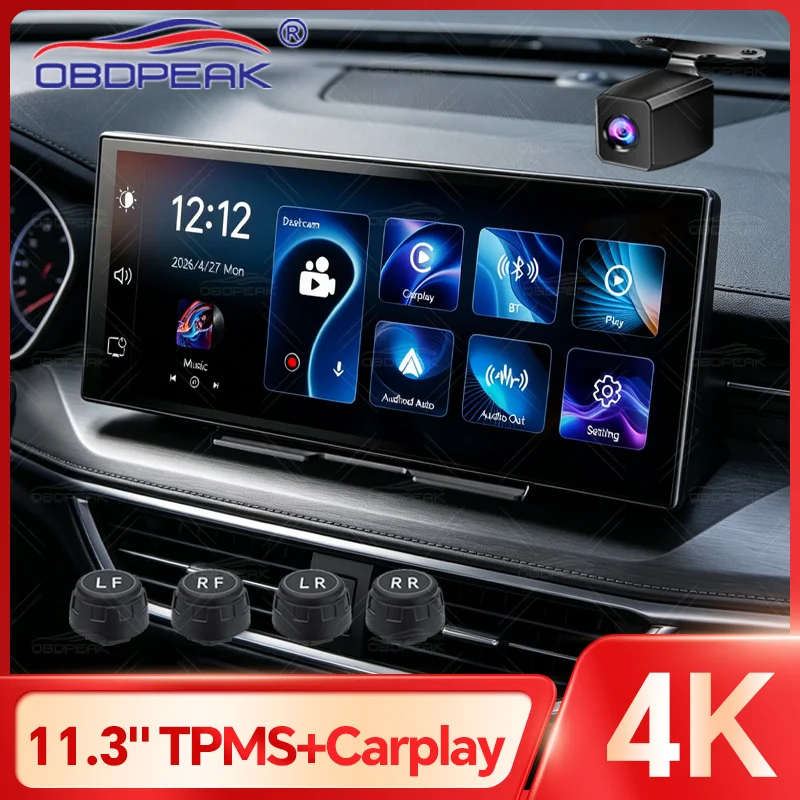 K5 Pro 11.3' External TPMS Sensors Dash Cam 4K DVR Camera Wireless Carplay Android Auto Dual Len Video Recorder GPS Navigation